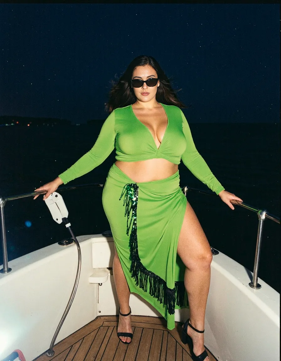 Vibrant lime green two-piece outfit photographed on a yacht at night, featuring dramatic lighting and elegant styling