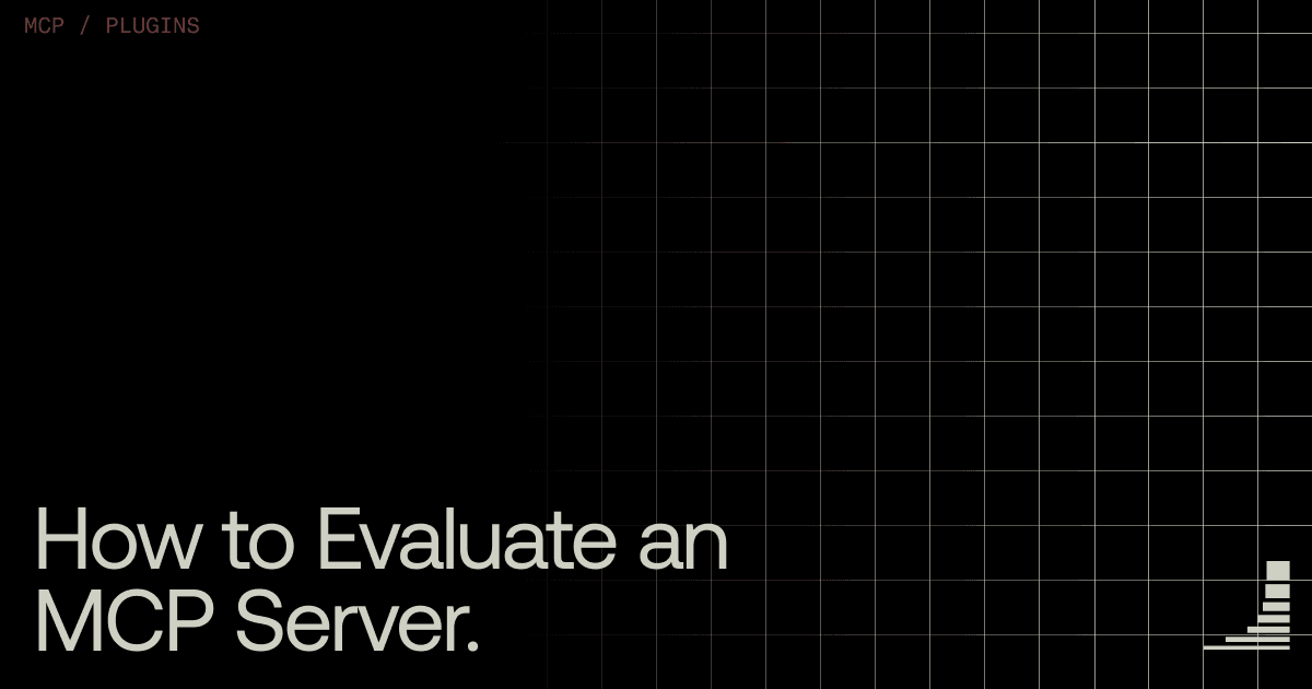 Black blog cover image with subtle grid pattern. Category label reads "MCP / SECURITY" in the upper left. Large headline text reads "How to Evaluate an MCP Server." Waxell logo in the bottom right corner.