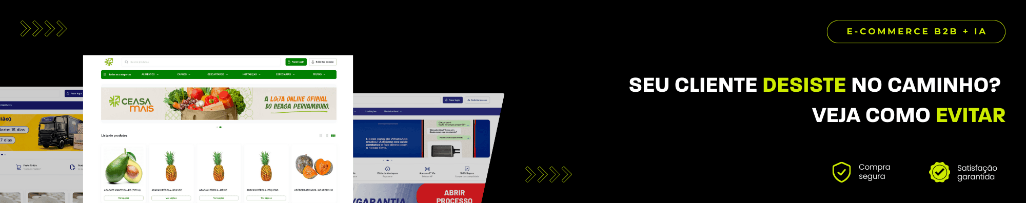 Banner horizontal com fundo escuro, ícones de segurança e satisfação, e imagens de lojas B2B exibidas à esquerda. Elementos gráficos em verde destacam o tema de e-commerce B2B com IA.