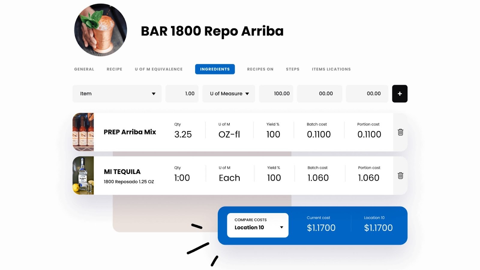 Restaurant365's management of a recipe's ingredient costs
