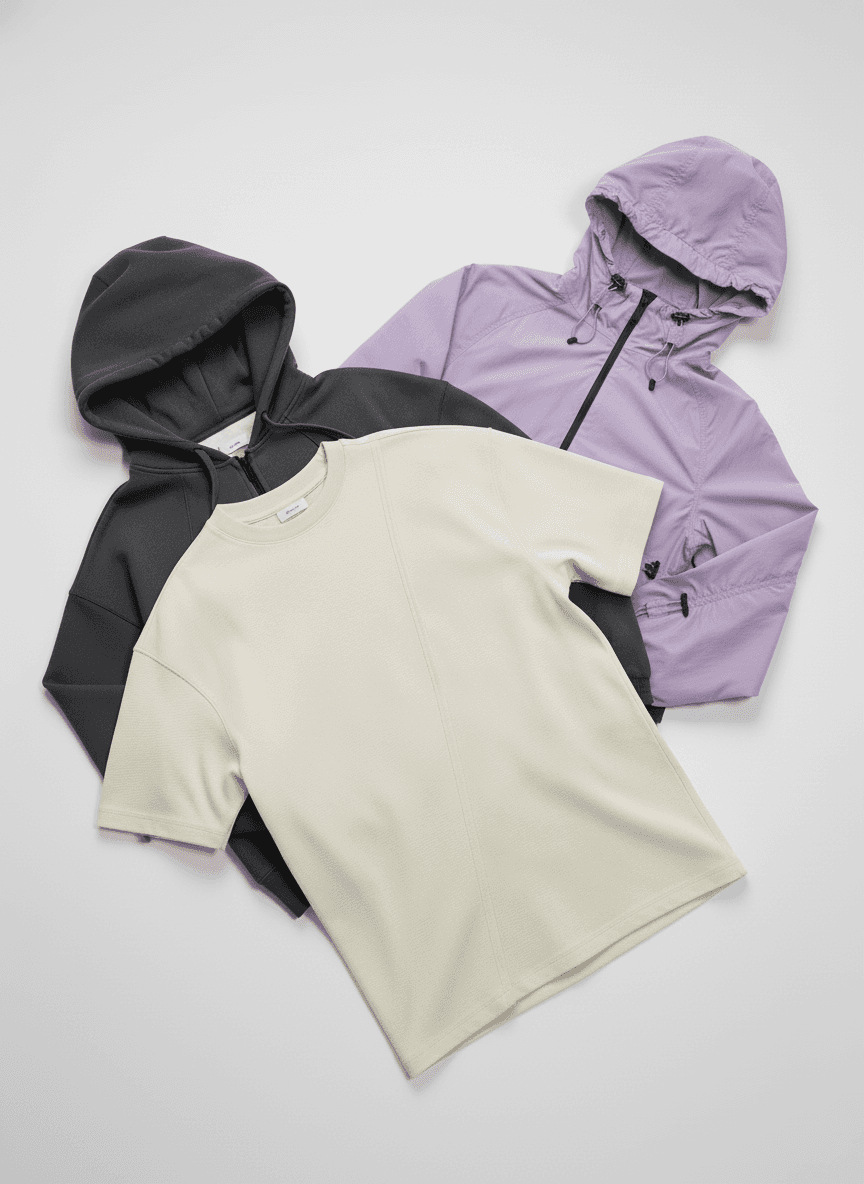 Cream T-shirt layered over dark gray hoodie and lilac windbreaker on light background