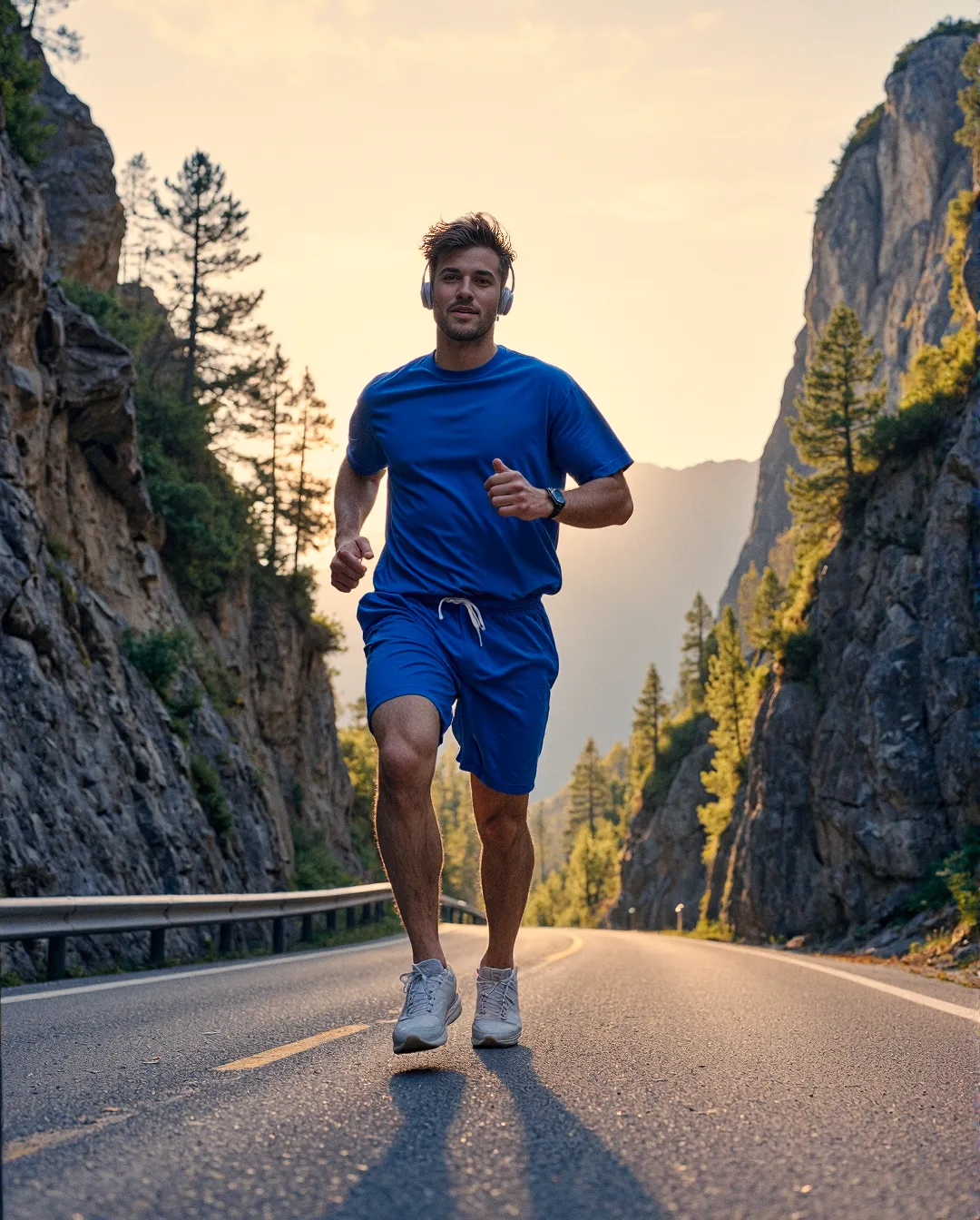 Runner in blue athletic wear jogging on mountain road at sunset, tall rock formations on both sides, golden light illuminating the path