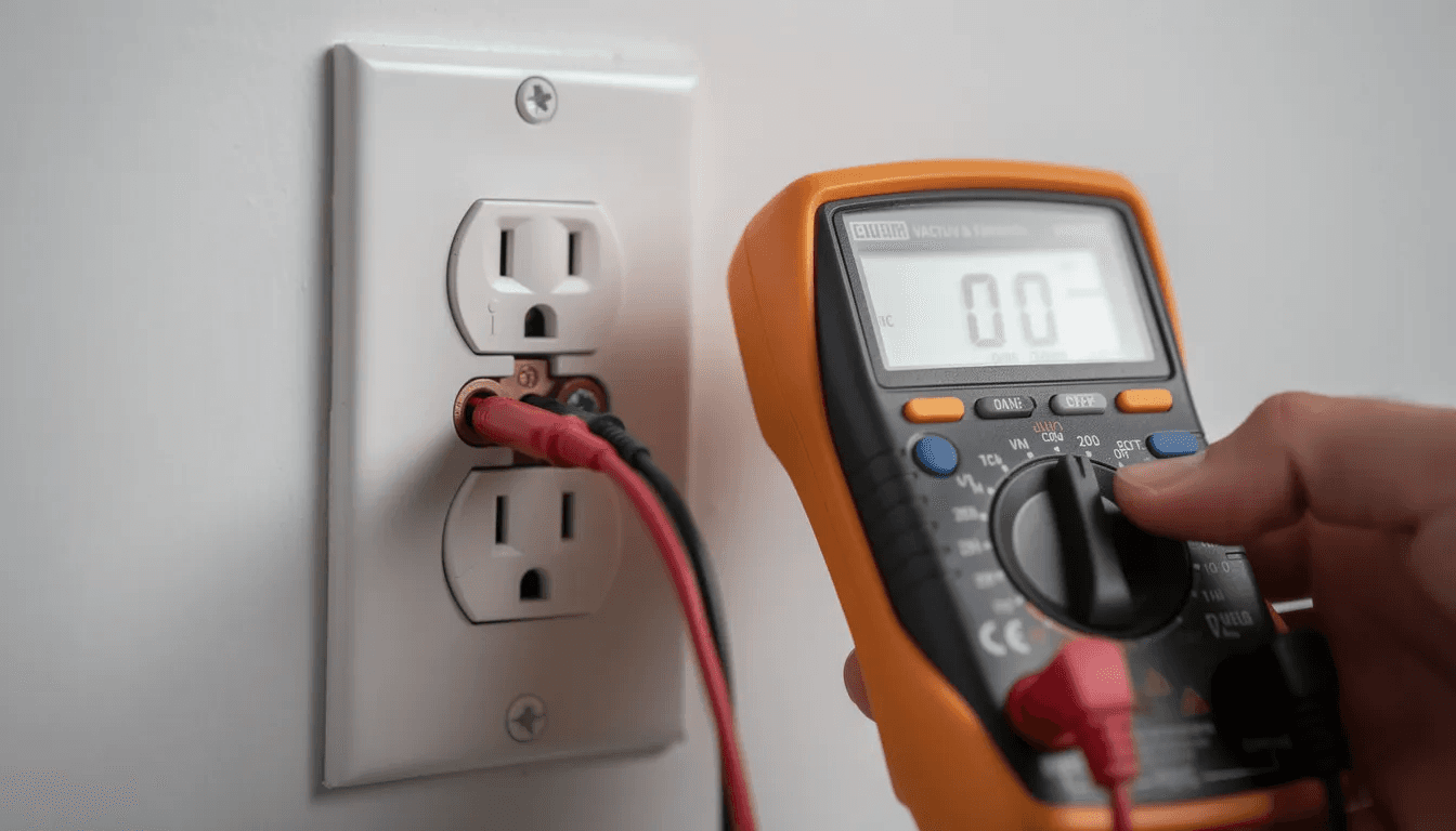 A close-up image shows an electrical inspector using a meter to test a Ground Fault Circuit Interrupter (GFCI) outlet, ensuring the electrical system is functioning properly and safe. The inspection process focuses on identifying any potential electrical issues that could lead to hazards like electrical fires or shocks.