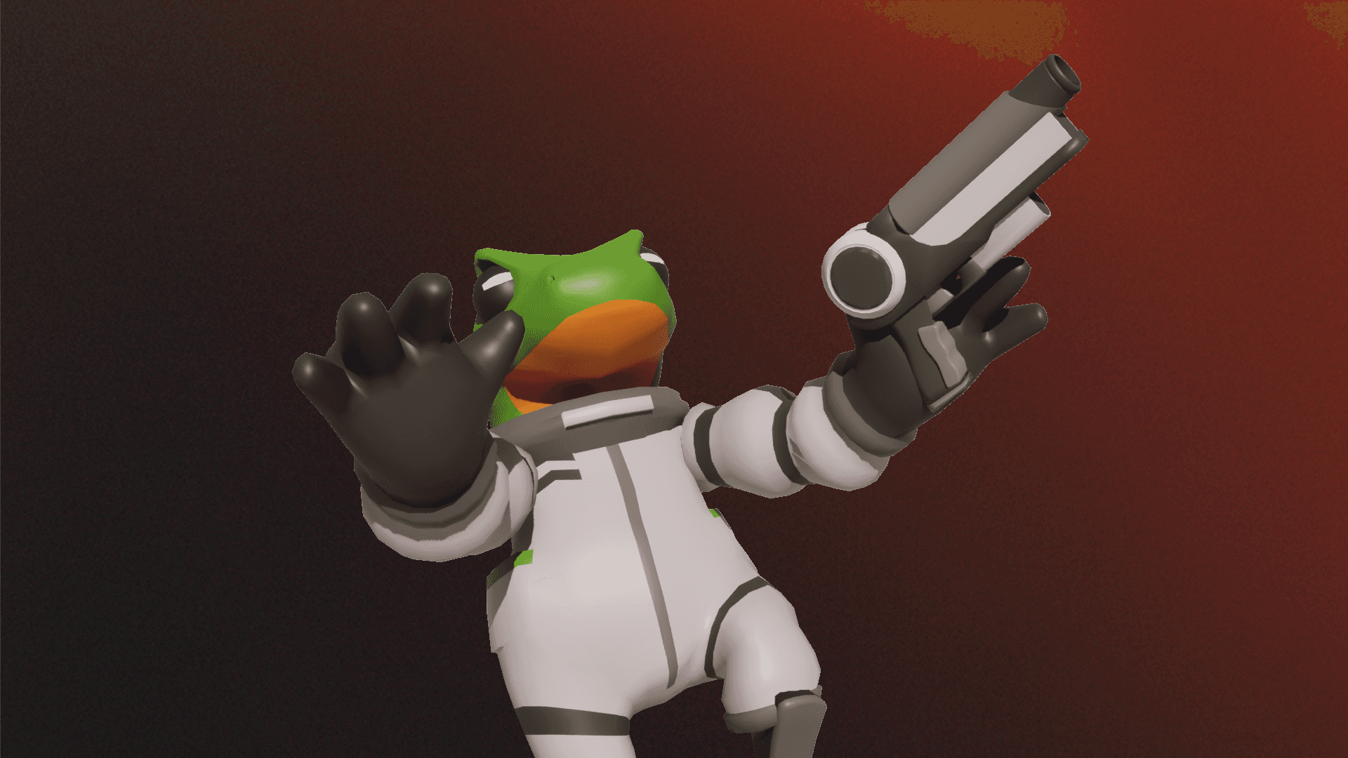 Stylized 3D frog character in a spacesuit holding a futuristic gun against a gradient background.