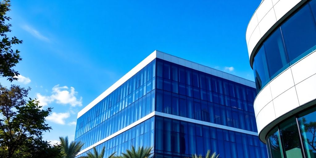 Modern commercial building with greenery and blue sky.