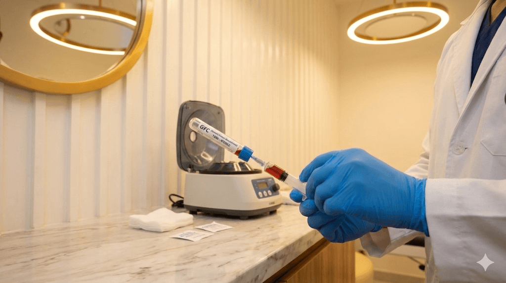 A doctor drawing a small amount of blood or holding a GFC tube, illustrating the preparation process.
