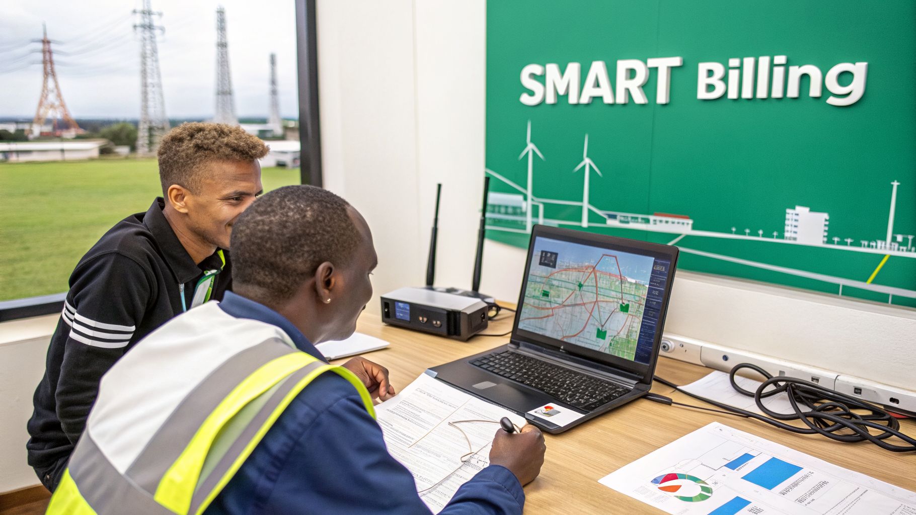 Two professionals collaborate on a smart billing system, reviewing a network map on a laptop and documents.