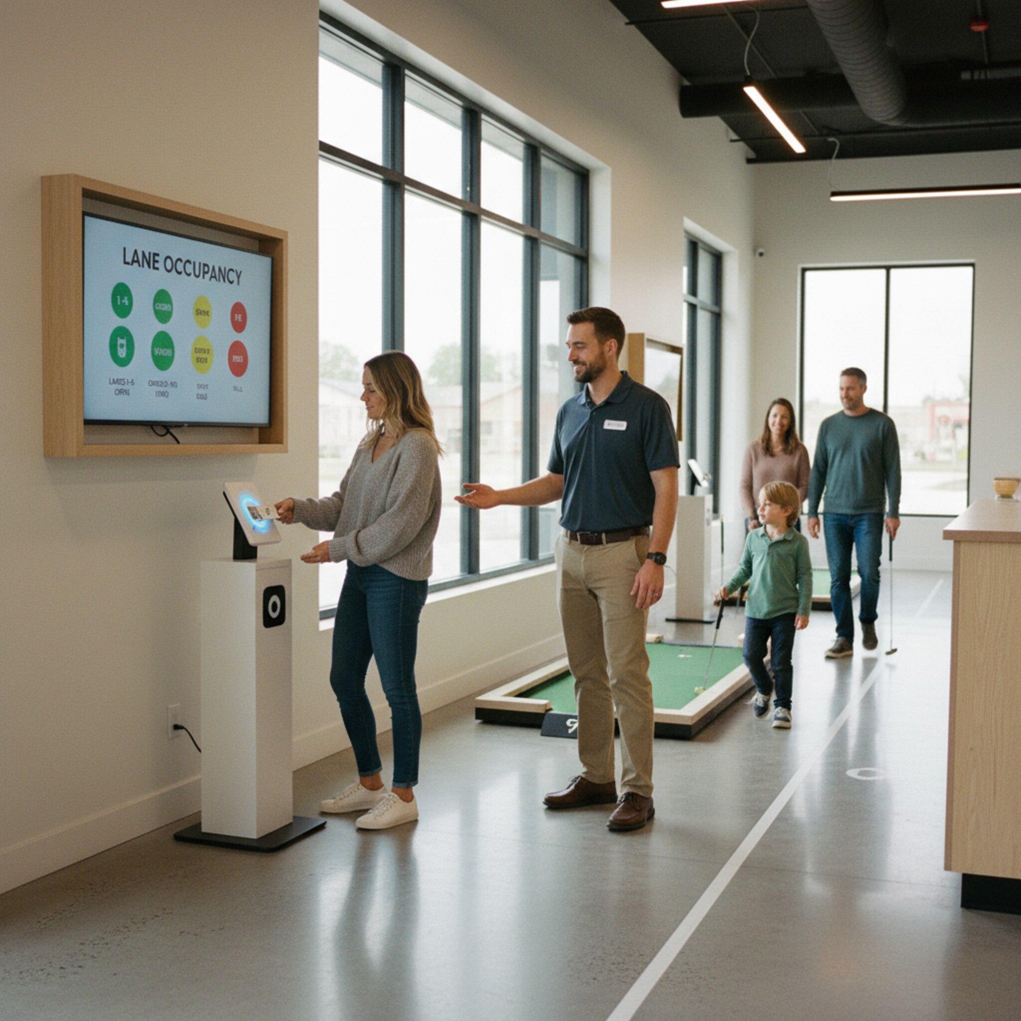 Am Eingang hält ein Gast sein Ticket an einen schlichten Scanner, ein freundlicher Gruß folgt. Nebenan zeigt ein Monitor die Belegung der Bahnen. Eine Familie betritt den Parcours, ohne zu warten. Das Setting wirkt sauber und modern, die Abläufe sind sichtbar reibungslos.