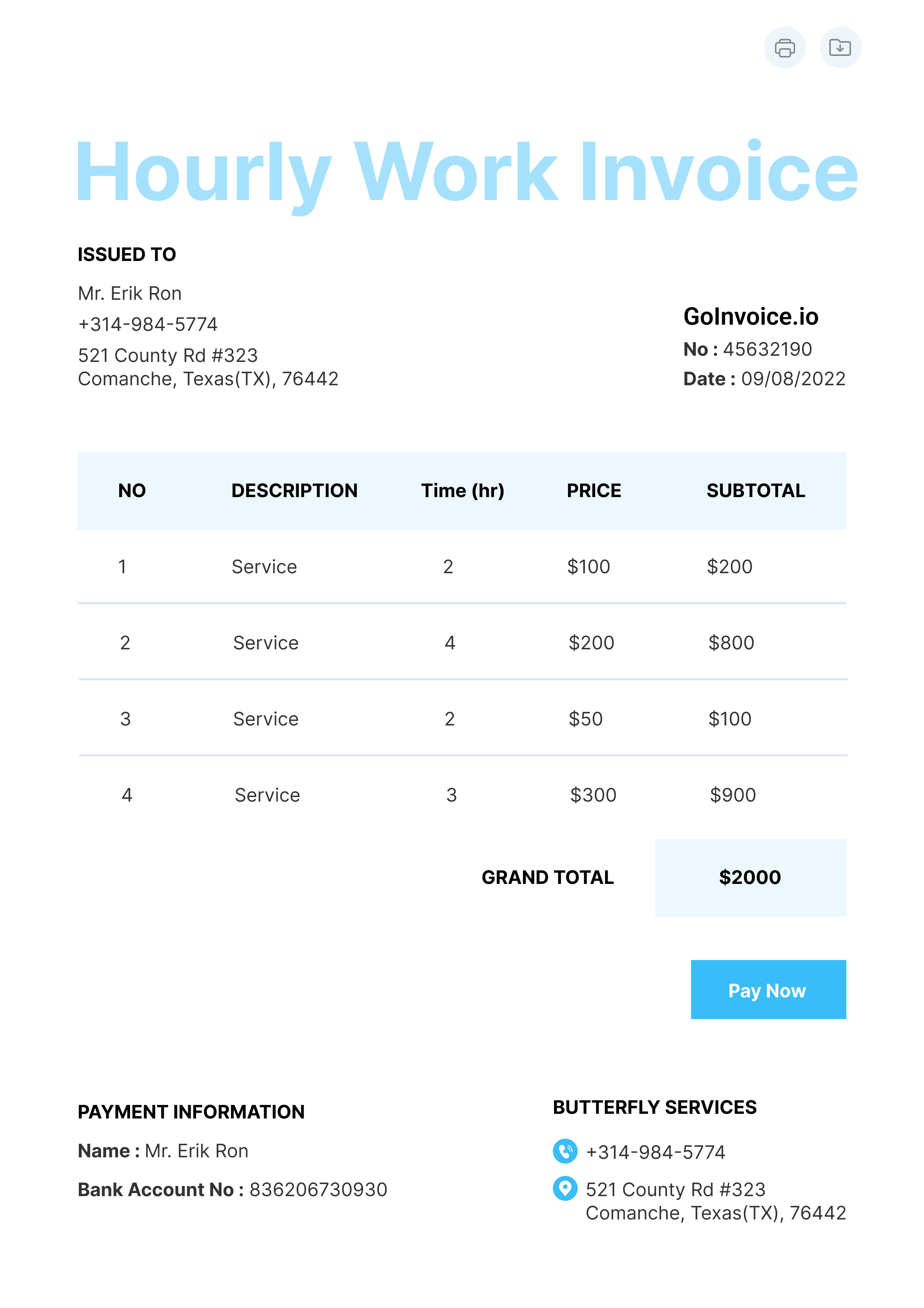 Hourly Work Invoice