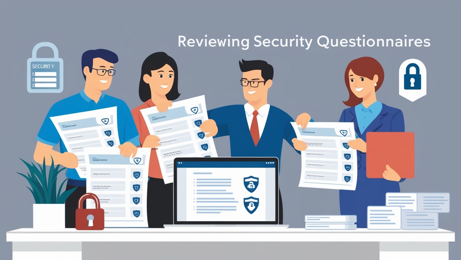 Illustration of business professionals collaborating on simplified security questionnaires with clear language and security symbols.