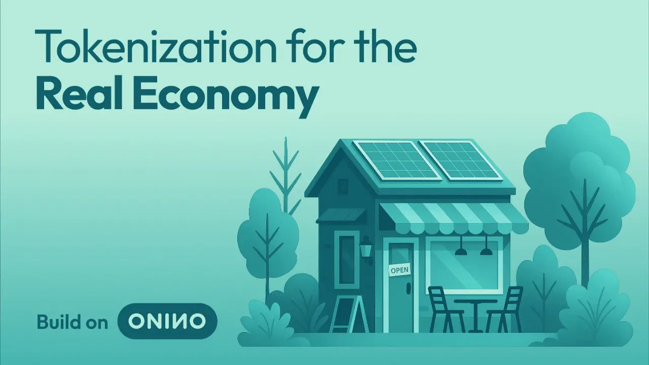 Small business storefront with rooftop solar panels illustrating tokenization for the real economy — build on ONINO