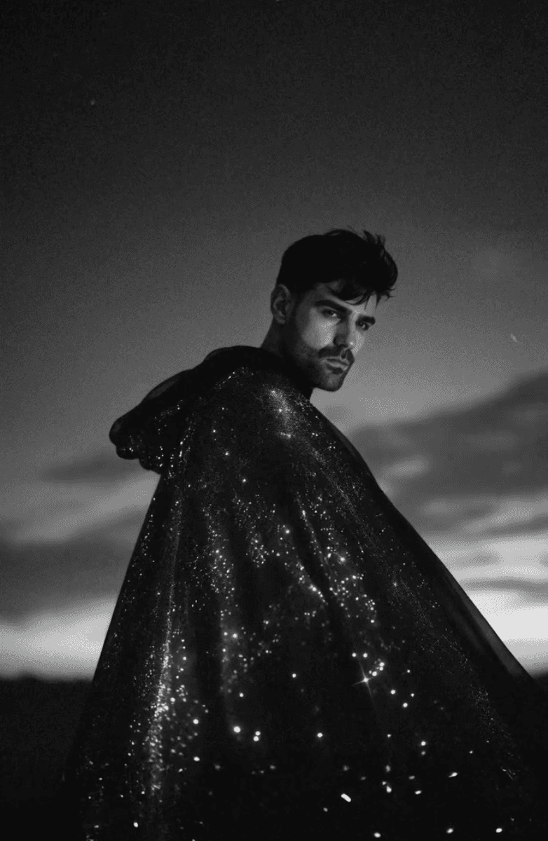 Person, holding a white rose behind his back with one arm on a light blue background