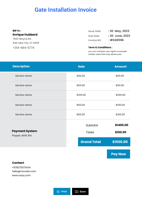 Gate Installation Invoice