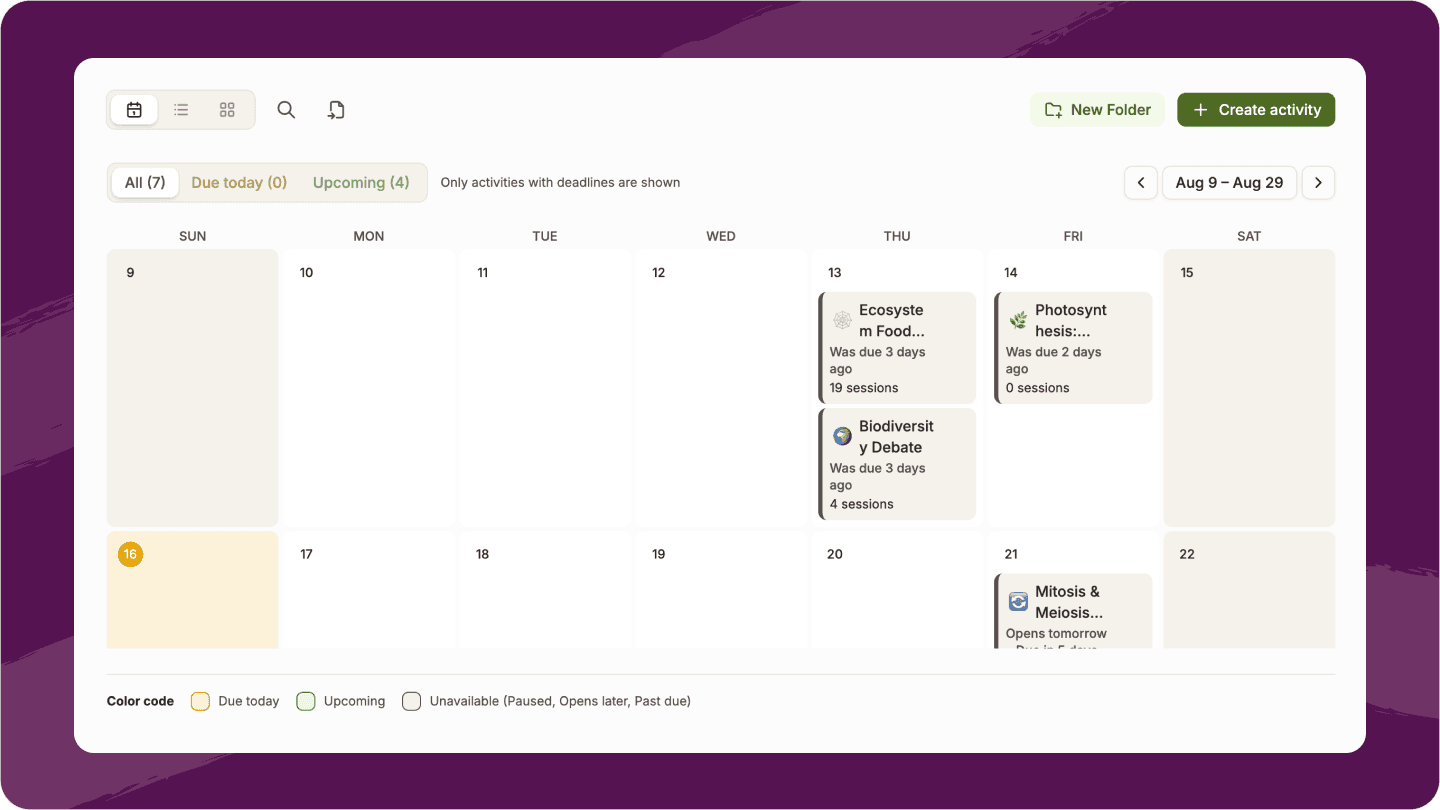 Screenshot of calendar view that shows activities and their due dates for students 