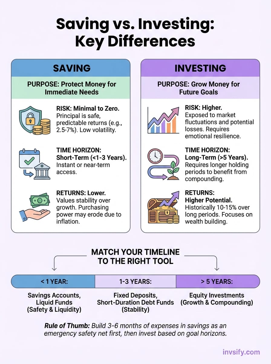 difference between saving and investing infographic