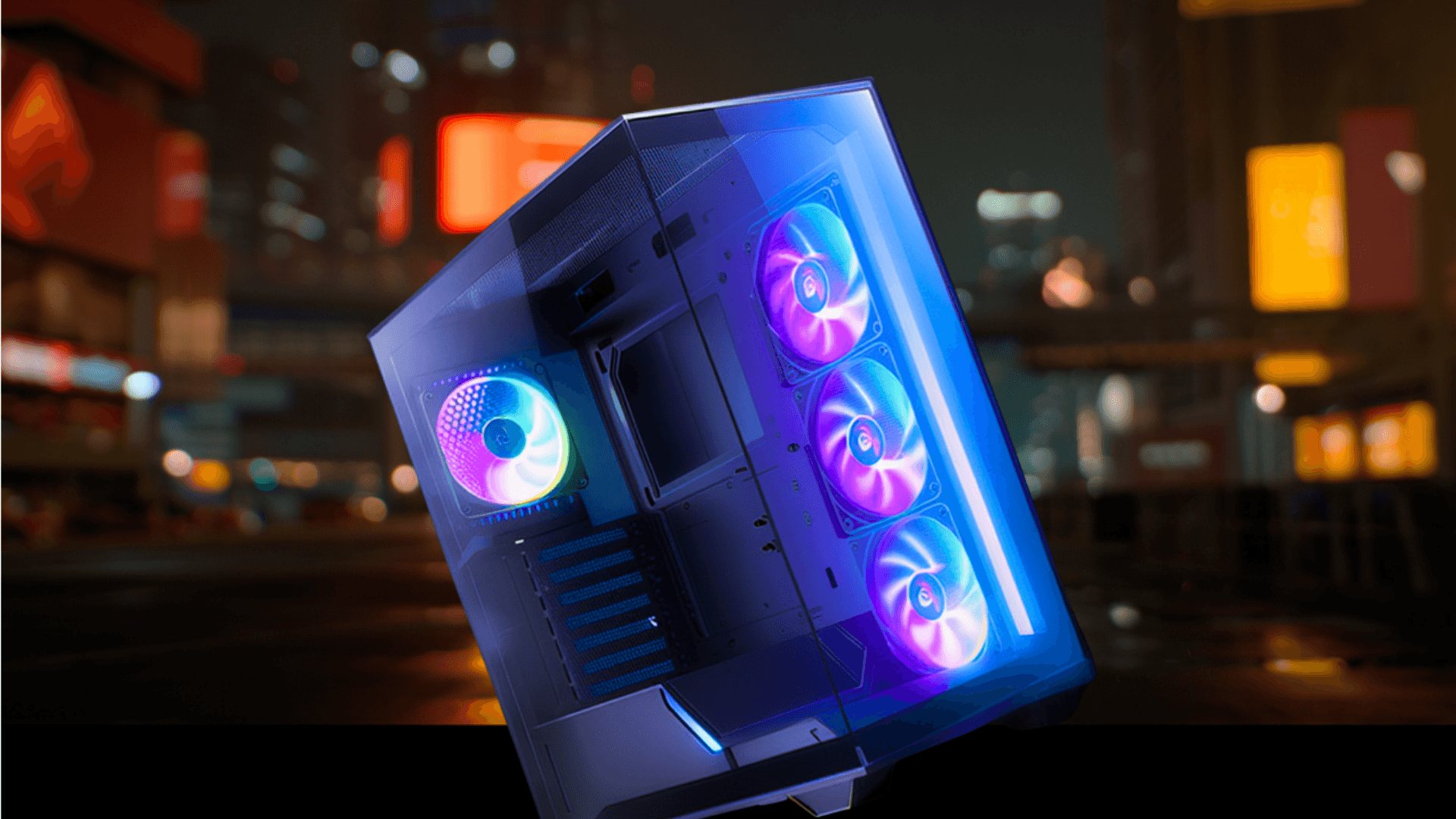 Three people in trench coats walk past a neon storefront.