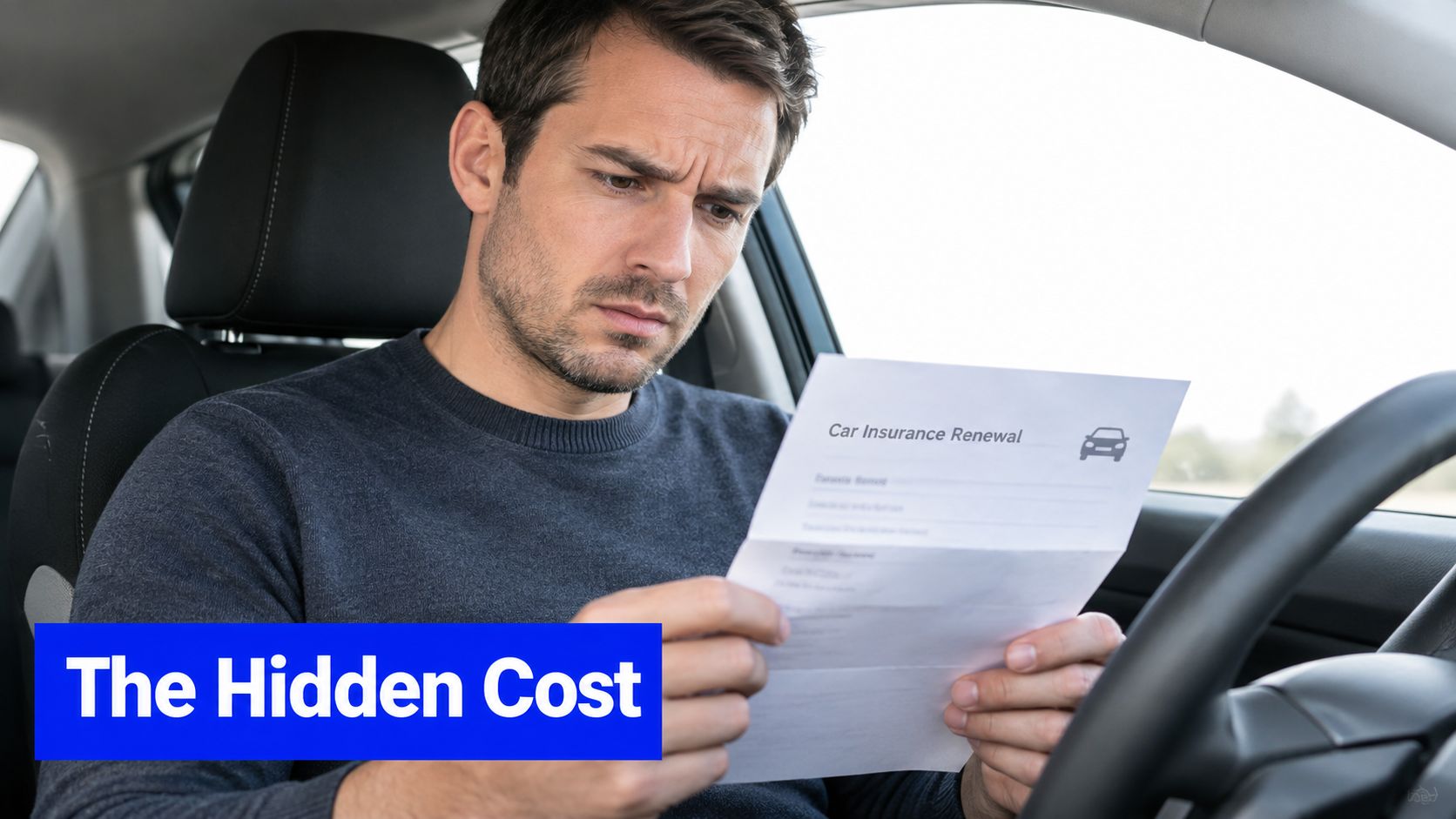 A concerned man sitting in his car reading a document titled Car Insurance Renewal.