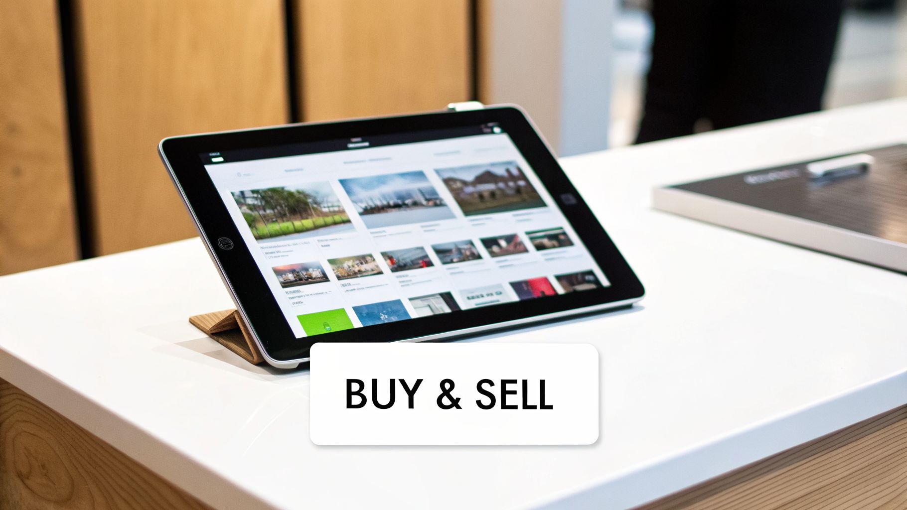 An iPad displaying a photo gallery on a wooden stand on a white table, with a 'BUY & SELL' sign.