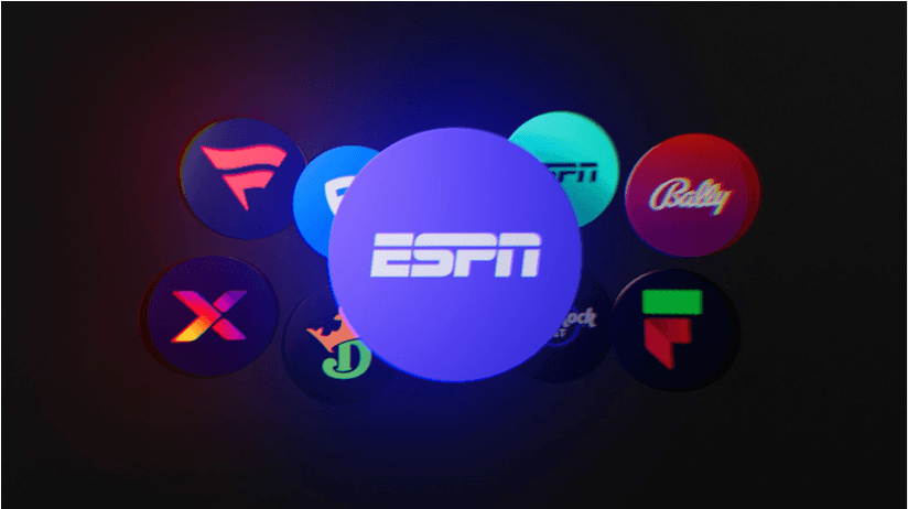 Logo of ESPN surrounded by various colorful icons representing sports and entertainment. Dark background.