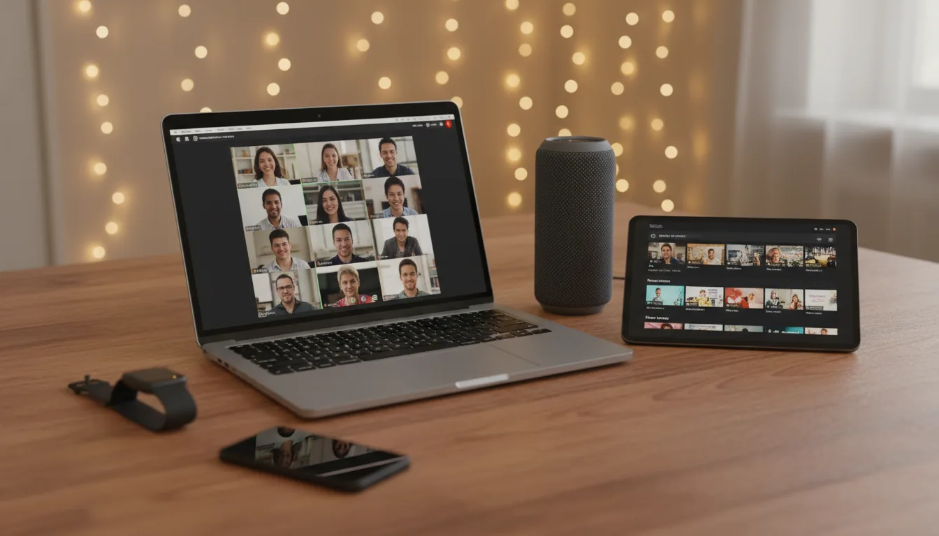 DSLR photograph of a modern tech setup on a wooden desk in a dimly lit room, illuminated by warm, ambient golden light from fairy lights in the background. A MacBook Pro laptop is open, its screen displaying a video conference call with a multi-person grid view. To its right, a dark gray cylindrical Bluetooth speaker stands next to a tablet in landscape mode showing a video streaming platform interface with a grid of placeholder thumbnails. In the foreground, a black smartwatch and a smartphone rest on the warm wood-grain desk. Sharp focus on the electronic devices, cinematic contrast, capturing a cozy and productive atmosphere.