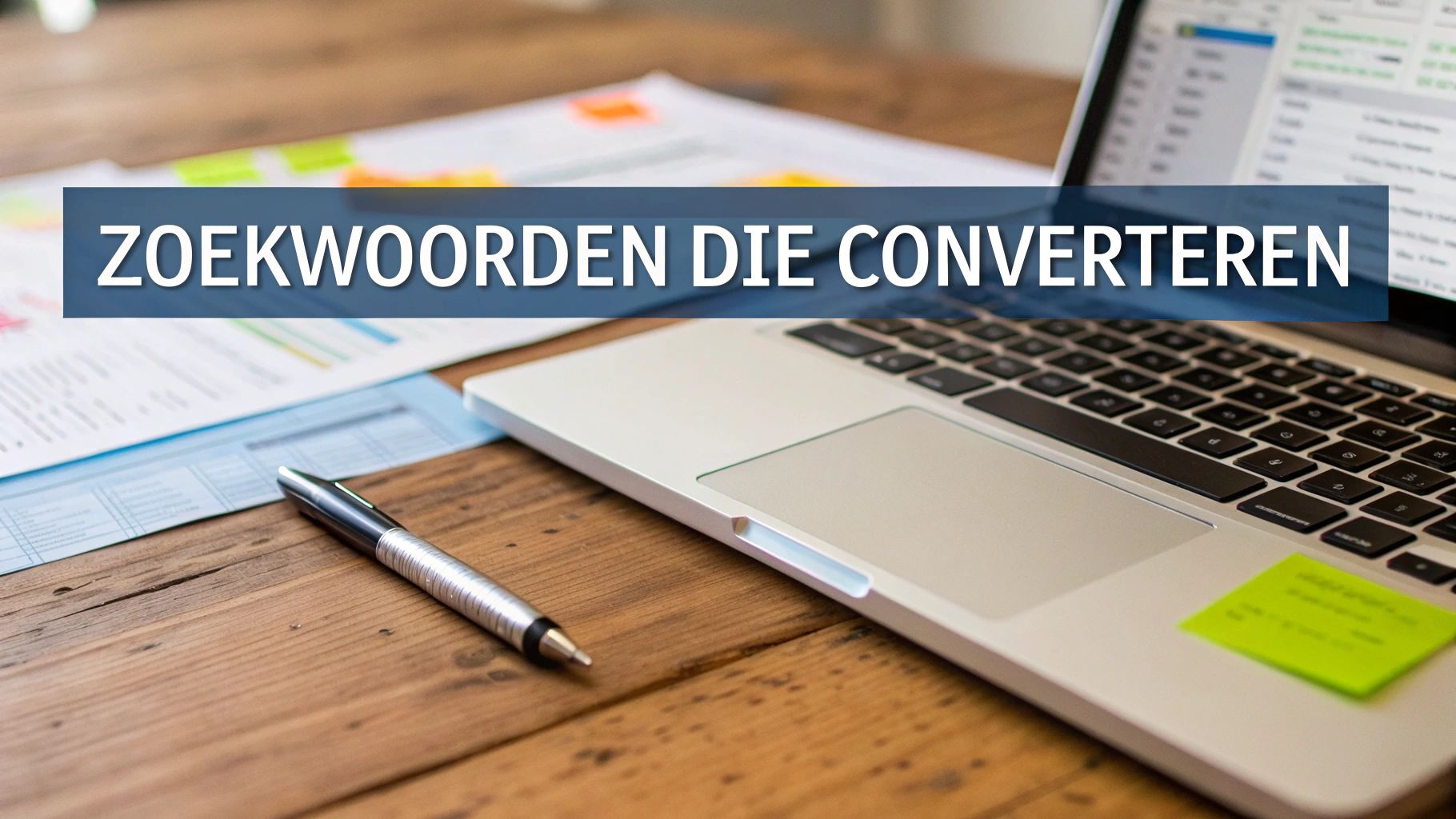 Een bureau met een laptop, documenten en een pen, met een banner die 'Zoekwoorden die converteren' toont.