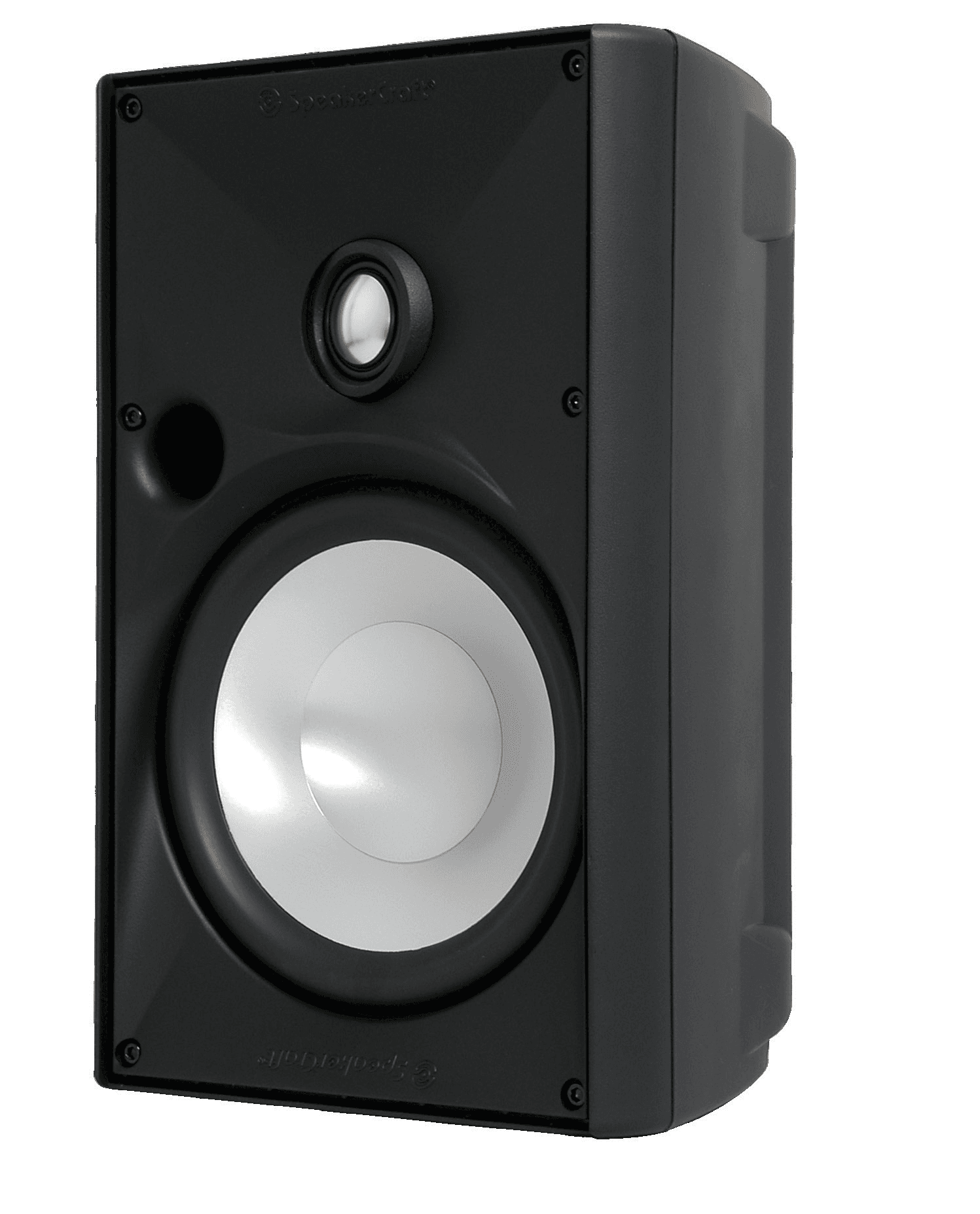 Black speaker with silver woofer and tweeter