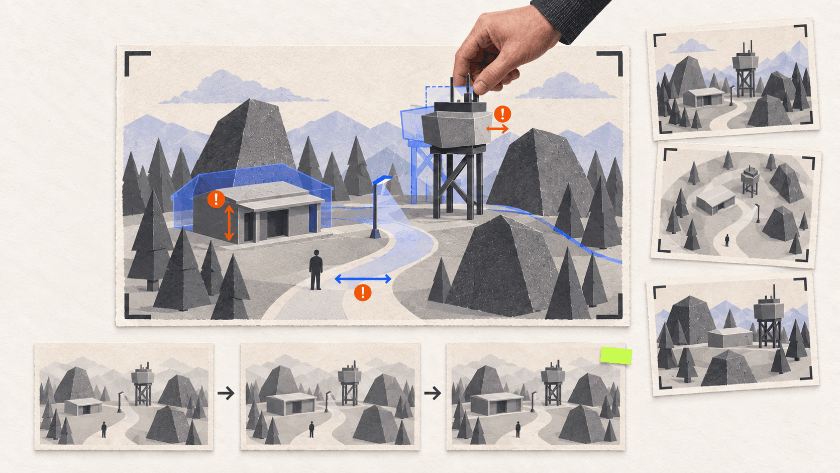 A gray Unity environment blockout is aligned with a concept silhouette and reviewed for scale, terrain, path width, focal placement, and camera composition.