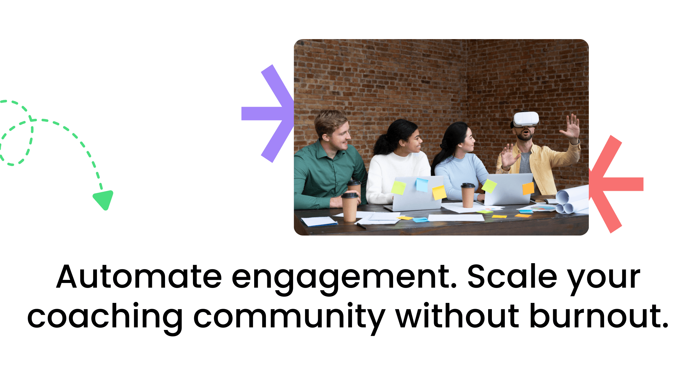 Team collaborating in a coaching workspace while discussing automated engagement systems for scaling communities