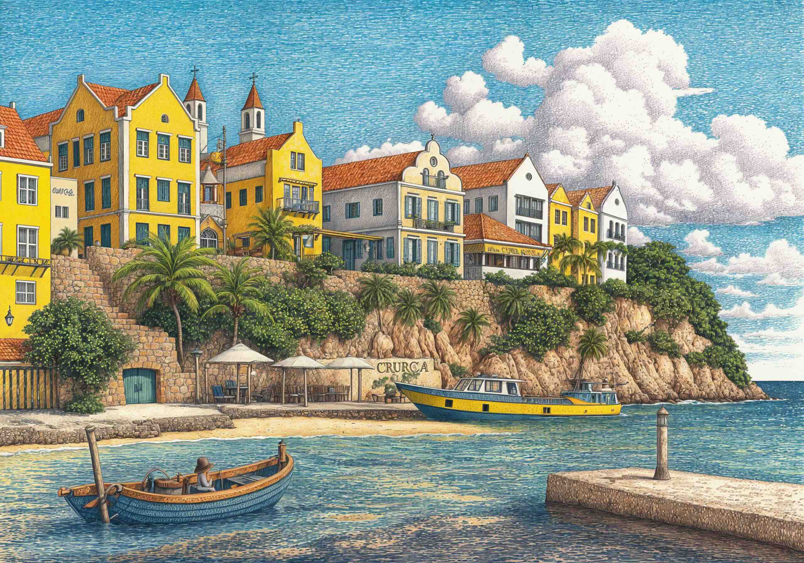 Detailed illustration of a coastal scene in Curaçao, featuring colorful Dutch colonial-style buildings on a cliff, palm trees, a sandy beach, and boats floating on the blue waters.