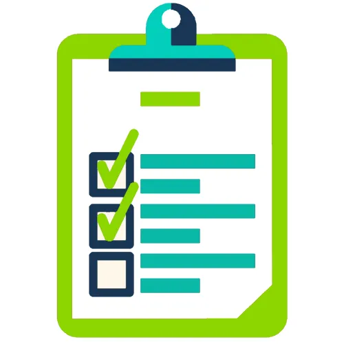 A green clipboard with a checklist. Two of the items have green checkmarks, while one box is empty, indicating tasks completed and tasks remaining on a to-do list or progress tracker.