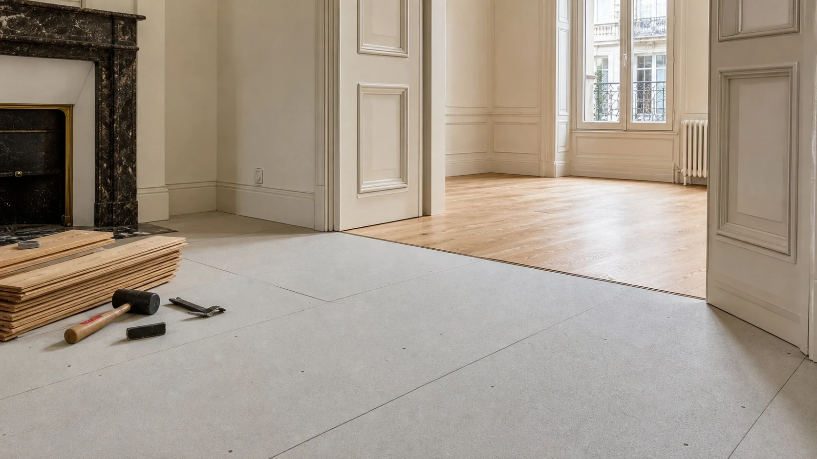 Appartement bordelais en rénovation énergétique avec préparation du sol et parquet en chêne terminé