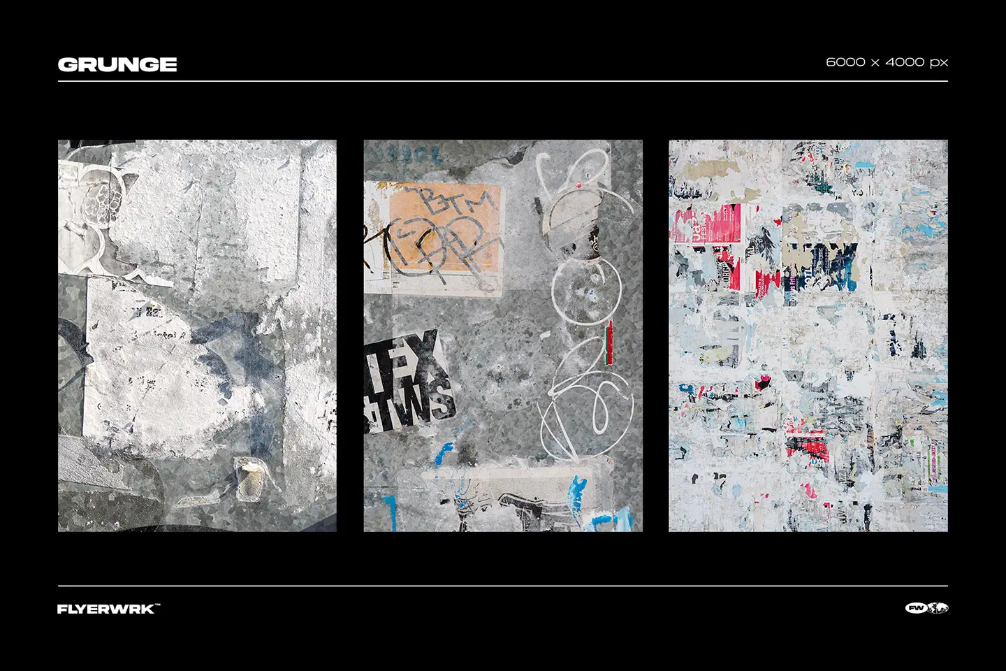 Grunge textures featuring urban street poster elements with torn paper and graffiti wall surface details