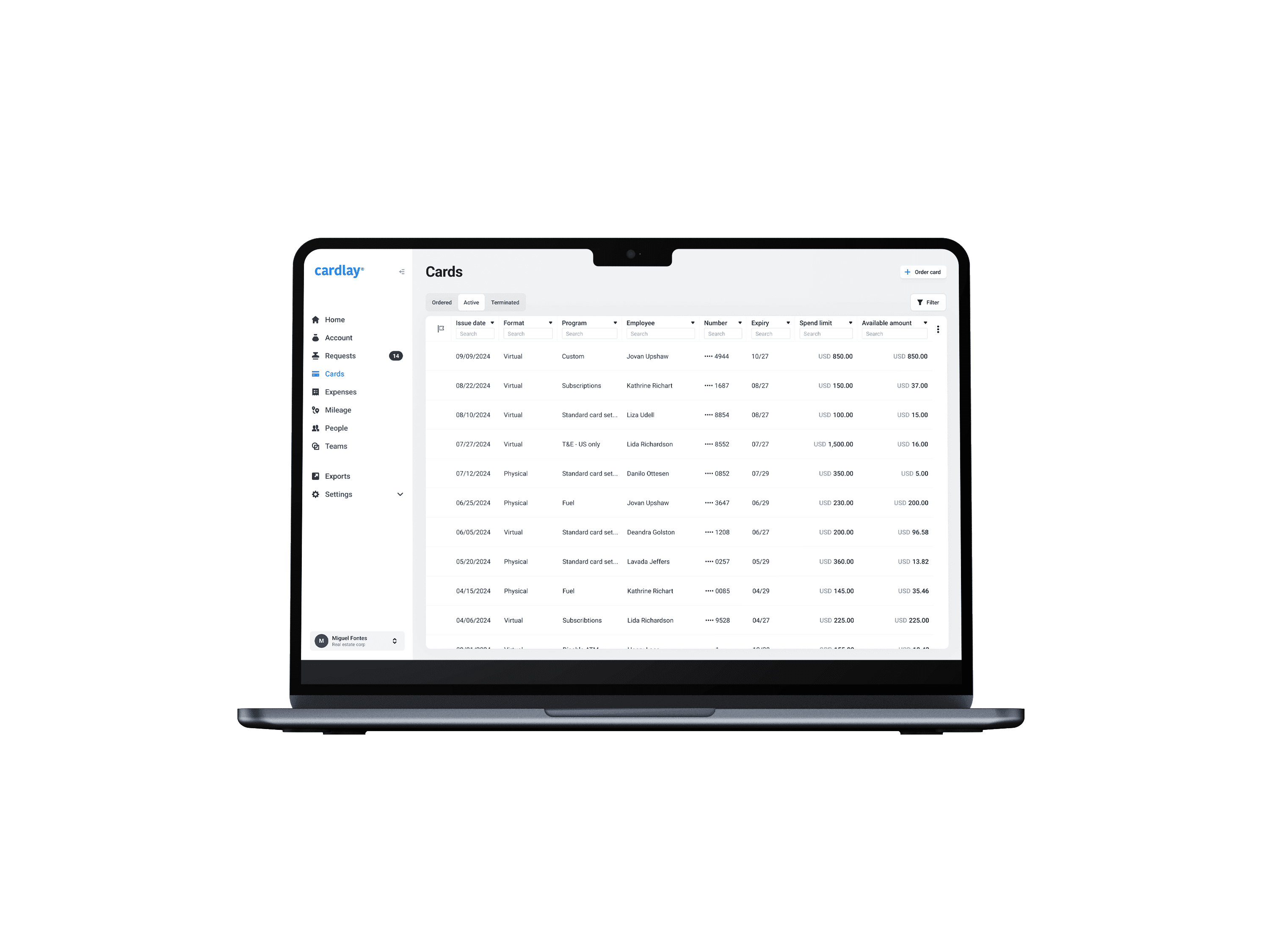 Visualization of the Cardlay Expense website showcasing the feature of managing cards and spending.