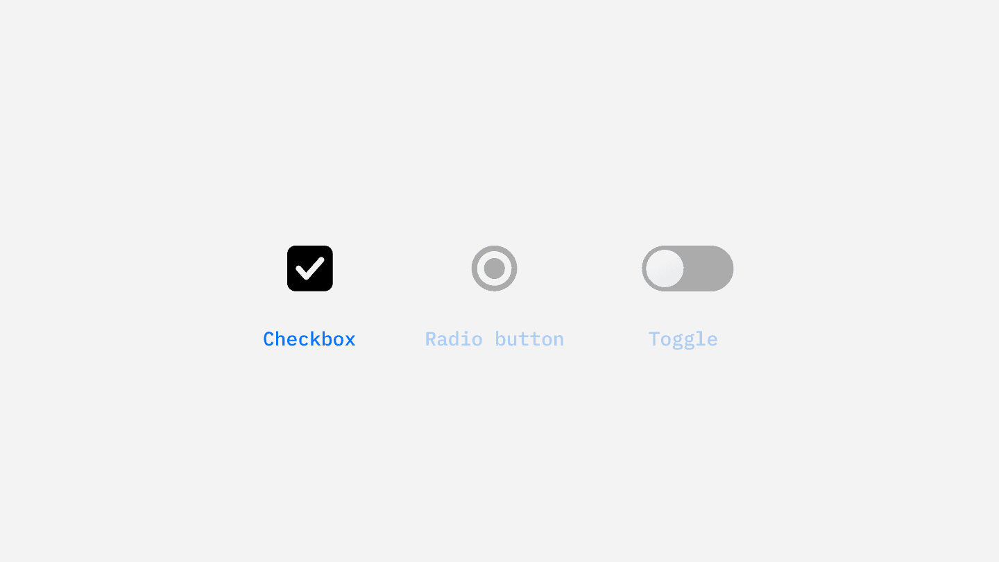 A UI component comparison featuring three selection controls: a checkbox, a radio button, and a toggle switch. The checkbox is active, displayed as a black square with a white checkmark, and labeled “Checkbox” in blue. The radio button and toggle switch are inactive, shown in gray with labels “Radio button” and “Toggle” in light gray, indicating they are disabled or not selected. The design visually distinguishes between different selection methods in a user interface.