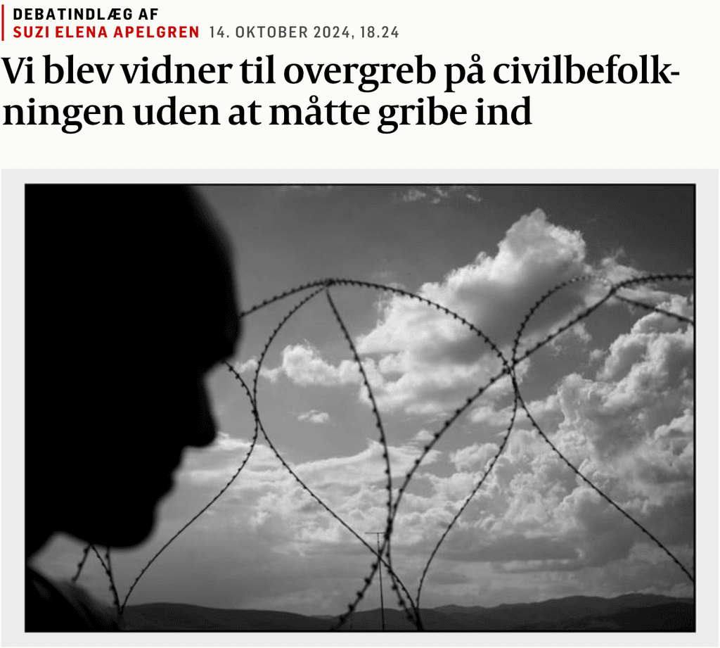 Image of a newspaper article with title "Vi blev vidner til overgreb på civilbefolkningen uden at måtte gribe ind"