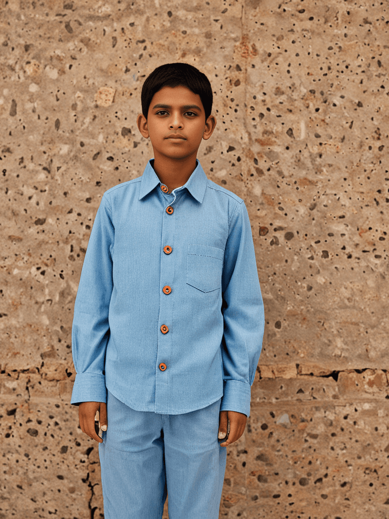 young indian boy wearing a blue shirt