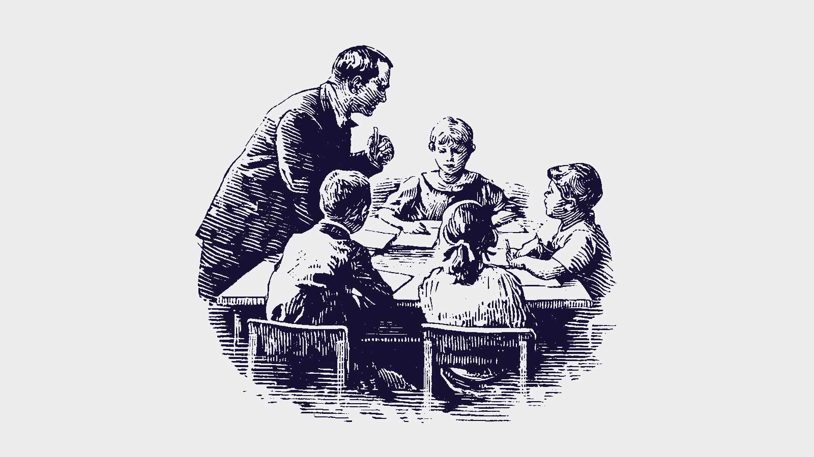Ilustración de un profesor con cuatro alumnos sentados en una mesa en la carta al director La autoridad no se juega únicamente en la sala de clases de IdeaPaís.