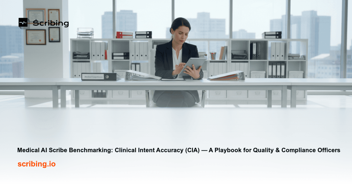 Corporate healthcare compliance setting depicting Medical AI Scribe benchmarking for Clinical Intent Accuracy evaluation