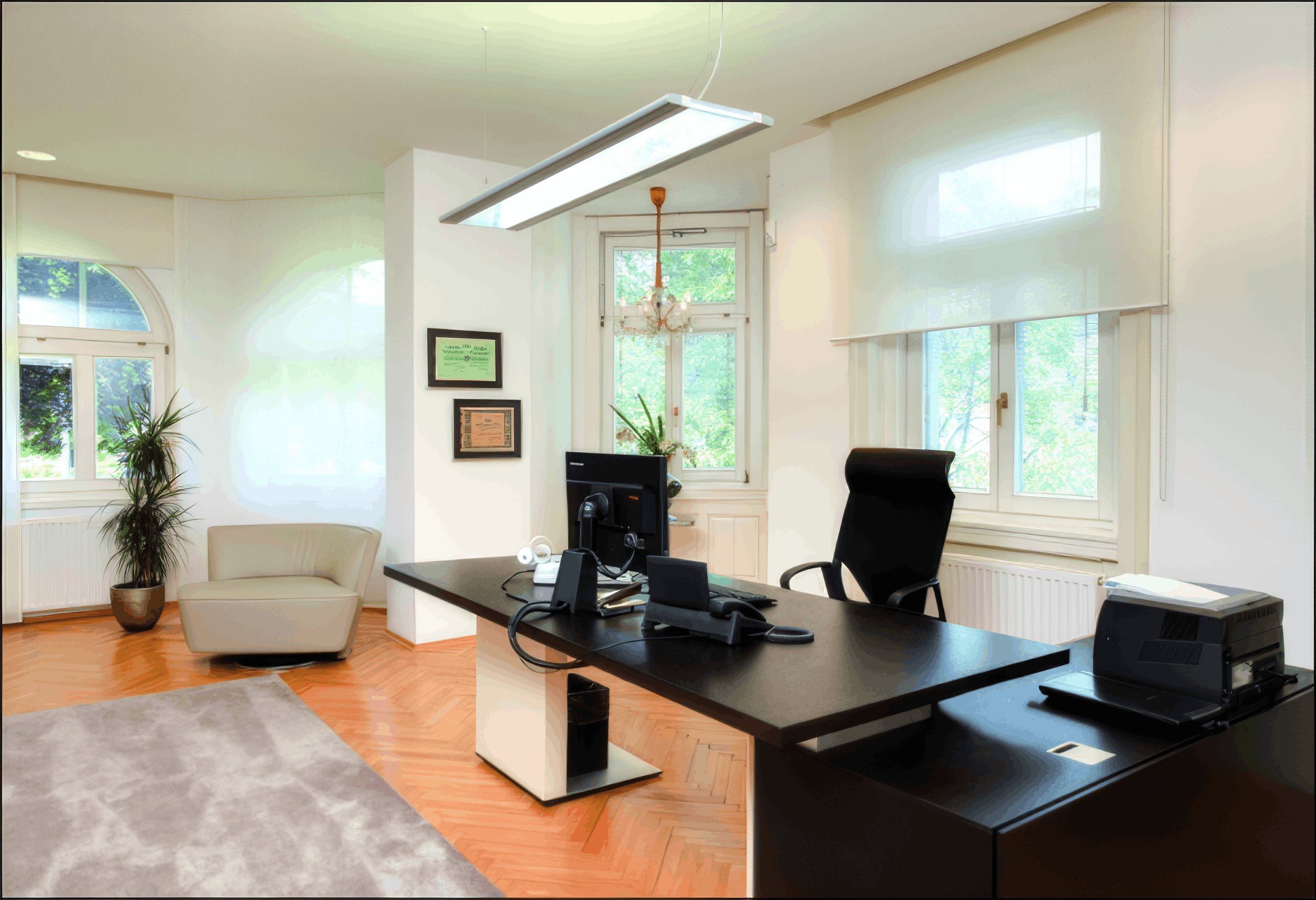 MW Interior - Helles Direktionsbüro in historischer Villa mit dunklem L-Schreibtisch, schwarzem Lederchefsessel, cremefarbenem Loungesessel und Fischgrätparkett" Beschreibung: Repräsentatives Direktionsbüro in einem denkmalgeschützten Villengebäude – dunkler Designschreibtisch, hochwertiger Chefsessel und ein cremefarbener Loungesessel verbinden zeitgemäße Büroeinrichtung mit dem Charme historischer Architektur.