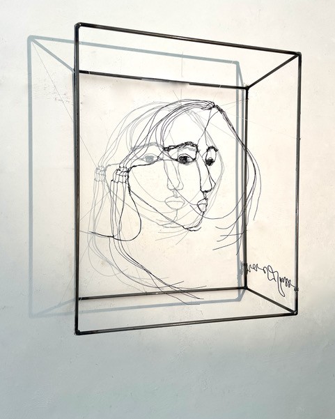 Sculpture en fil de fer représentant le visage d'une femme dans un cadre en fil de fer, vue détaillée de profil