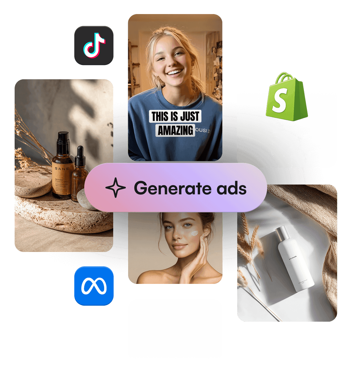 Product and UGC tiles with “Generate ads” pill for Facebook creatives.