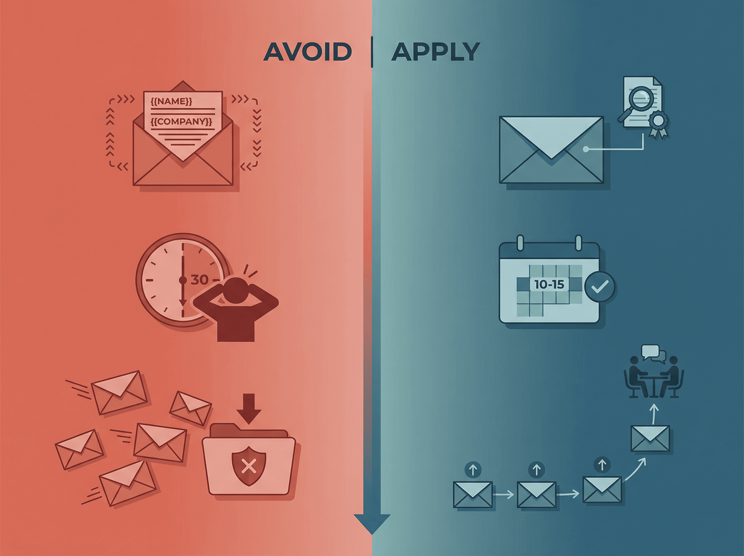 Professional editorial illustration contrasting ineffective versus strategic cold email recruiting approaches in modern geometric style
