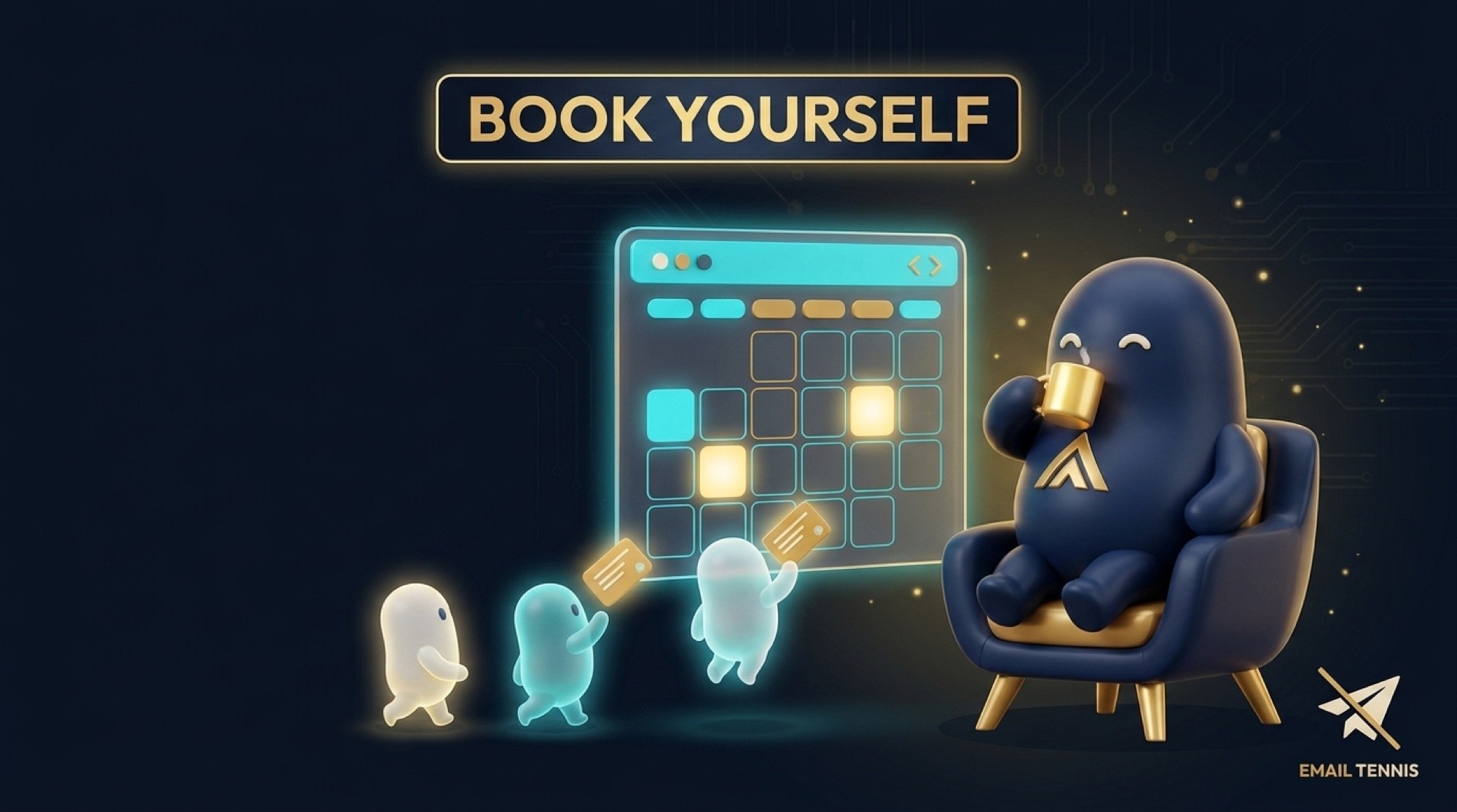 Bean relaxing in a chair while three other ghost-beans book themselves on a glowing calendar under a banner reading BOOK YOURSELF