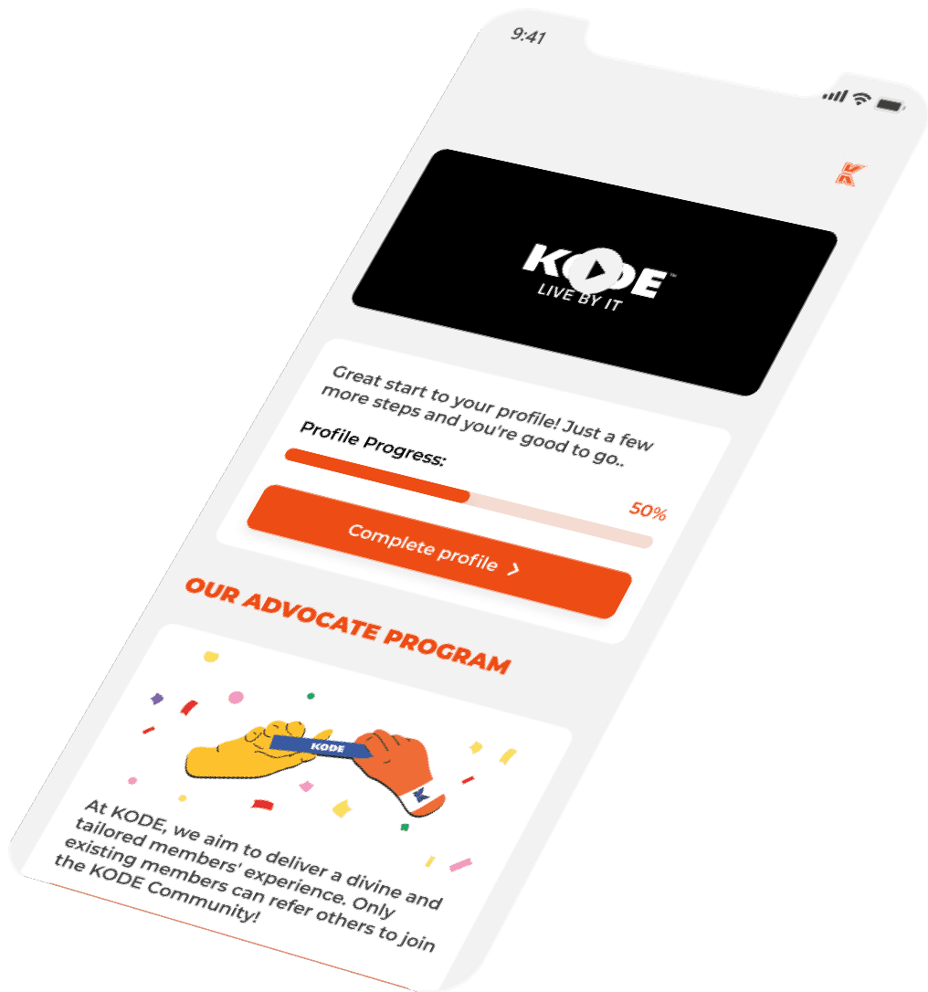Kode iOS and Android apps for access to club services showing profile setup screen with a progress bar for setup completion