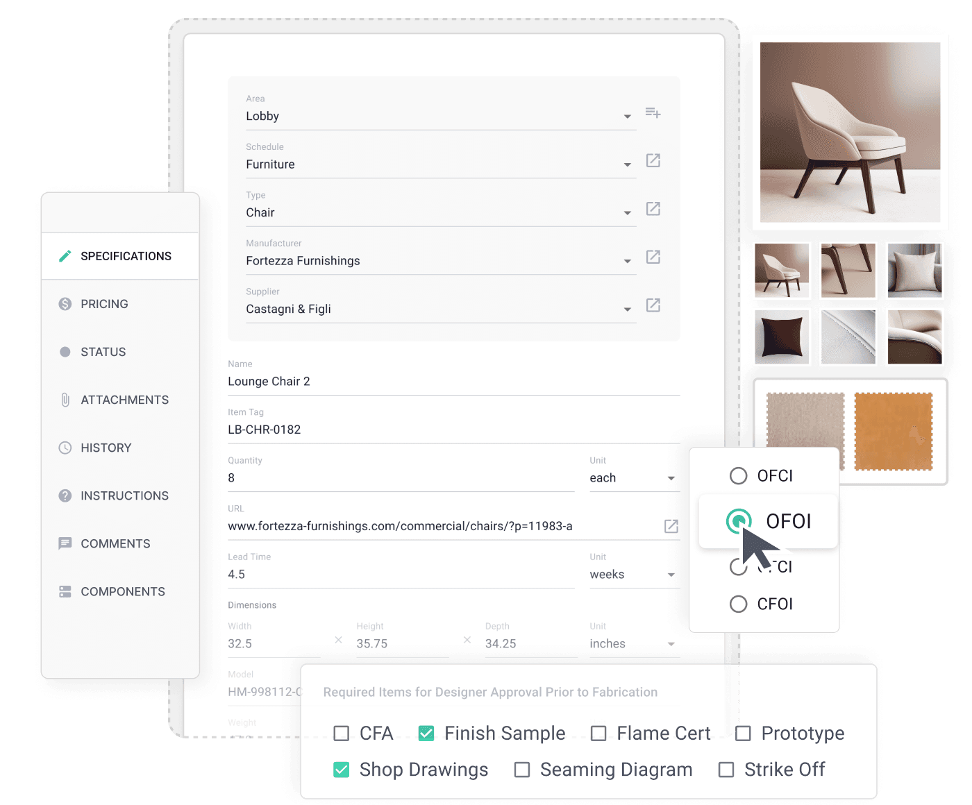 A graphic depiction of the Gather software product showing various furniture images and data that interior design teams can save and manage within the software.