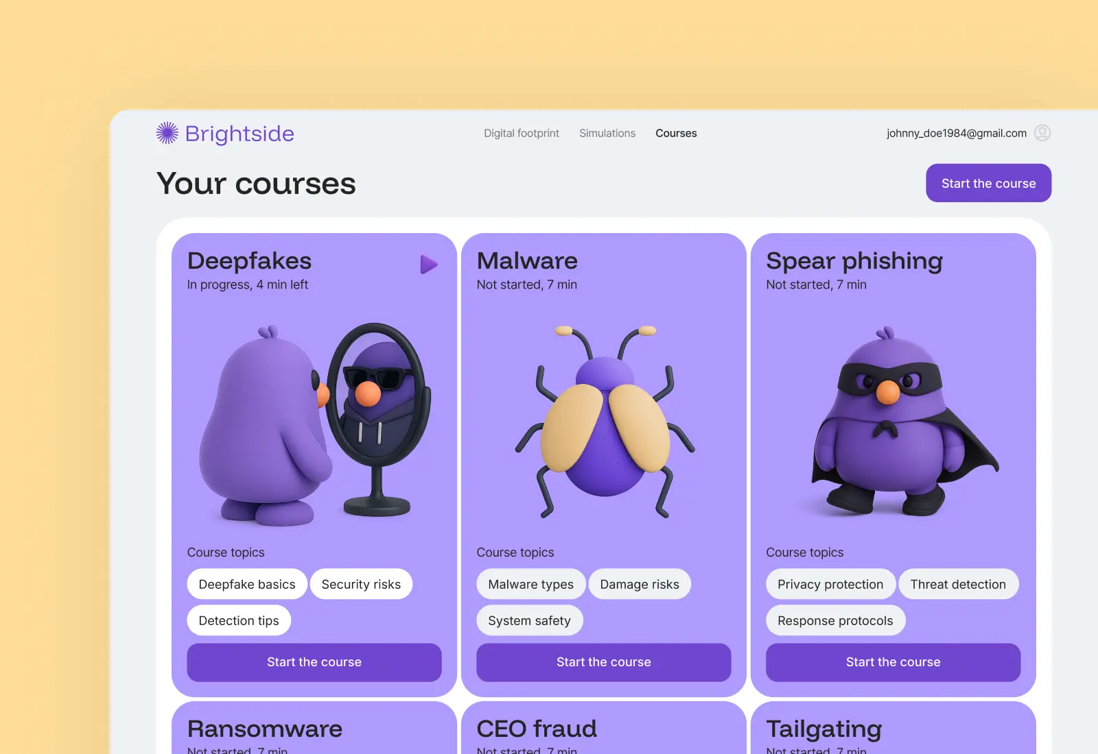 Cybersecurity training courses dashboard featuring deepfakes, malware, and spear phishing modules