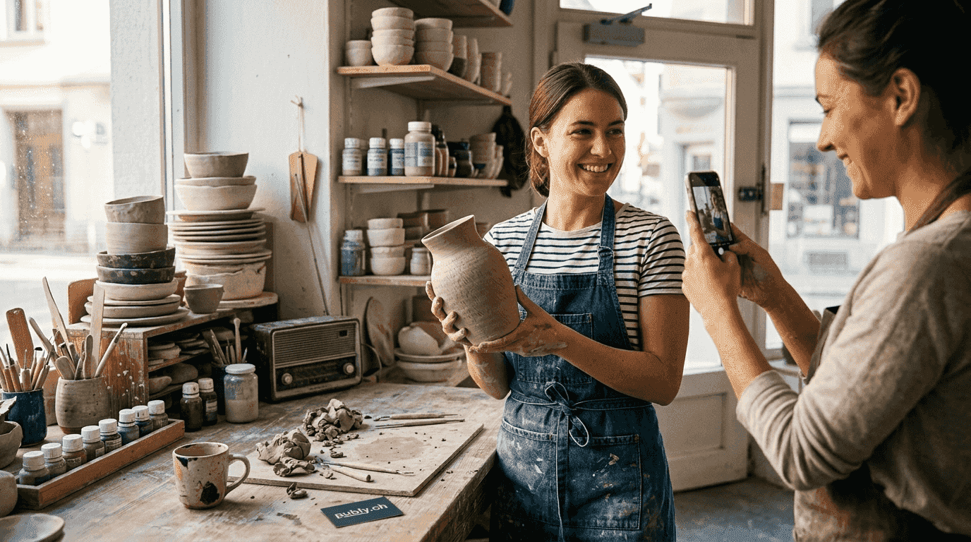 Eine Handwerkerin präsentiert stolz ihr selbst gefertigtes Produkt im Scheinwerferlicht ihrer Werkstatt.