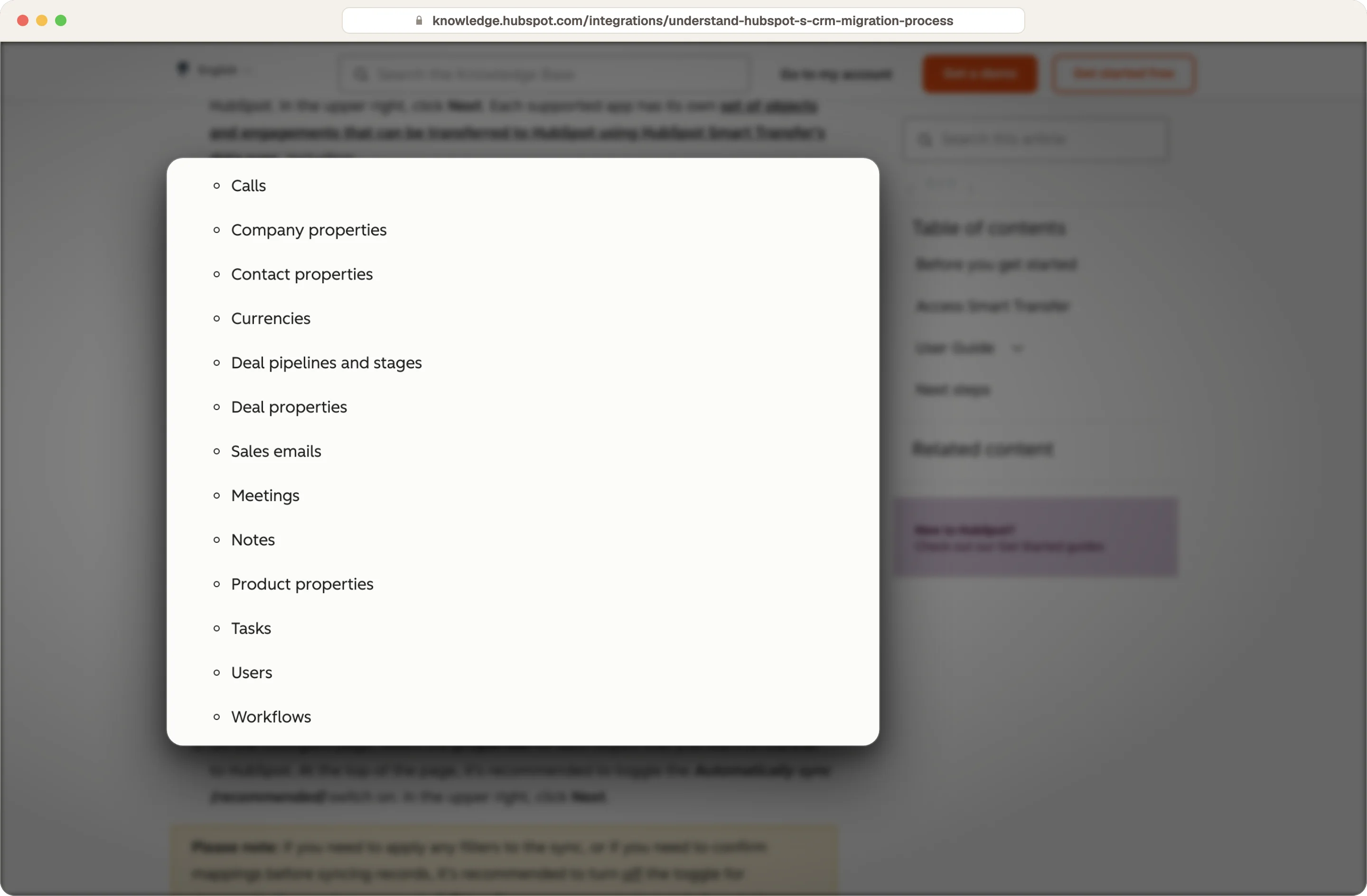 HubSpot Smart Transfer data types, from calls and contact properties to deal stages, users and workflows