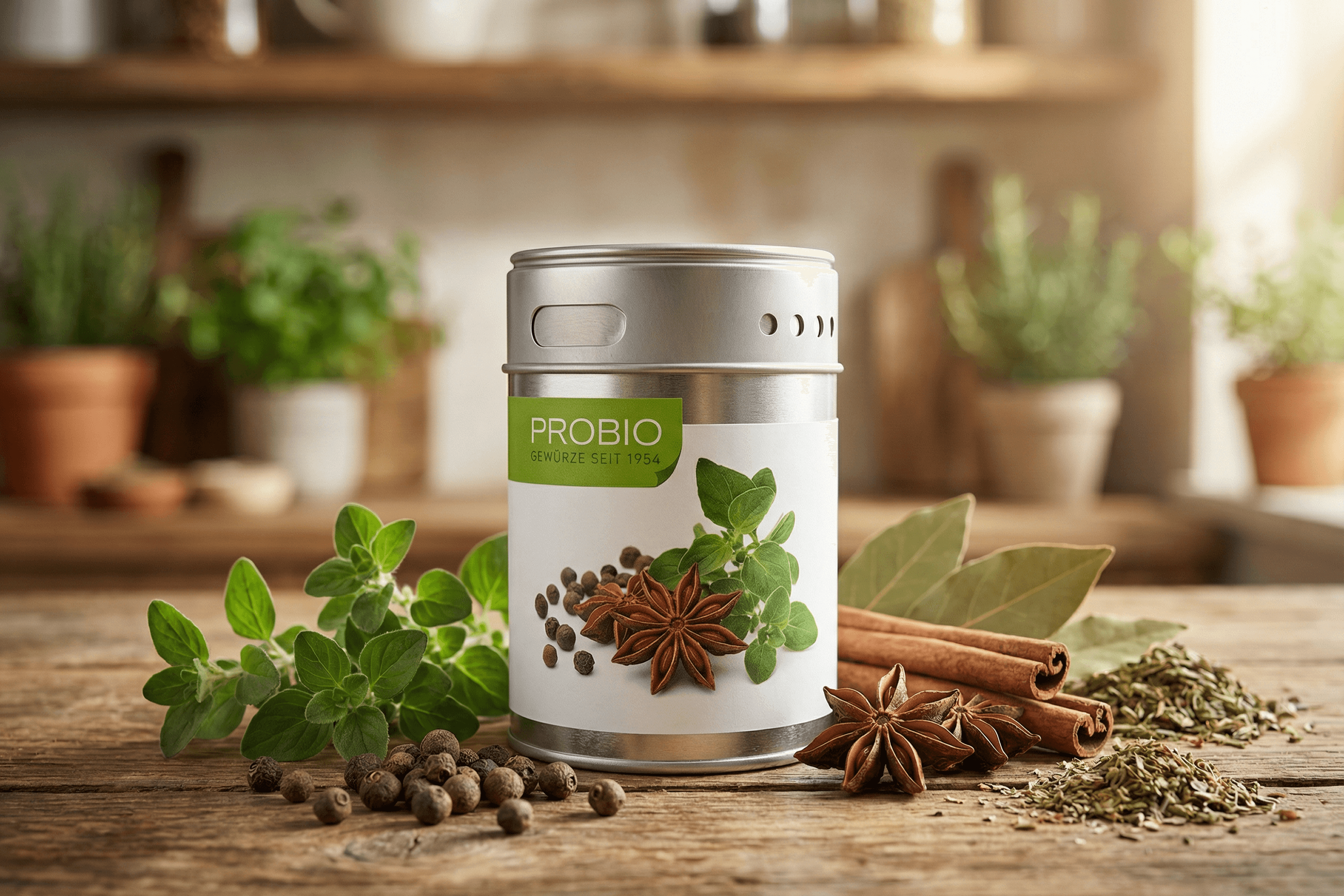 PROBIO spice tin with fresh herbs and spices