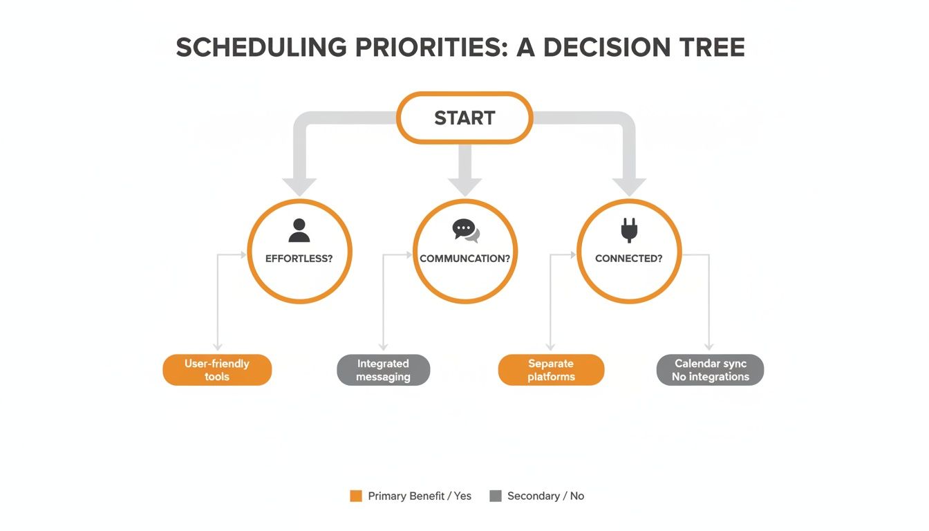 A decision tree diagram illustrating scheduling priorities based on effort, communication, and connectivity.